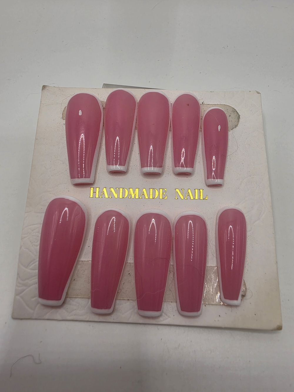 Handmade Nail Pink White Long Length Coffin French Press-On Nails